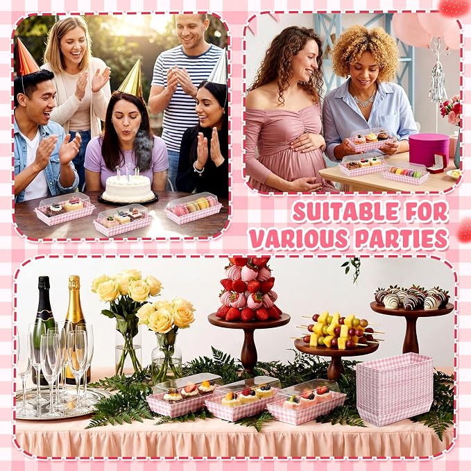 Bokon 50 Pack Pink Gingham Treat Boxes with Clear Lids, Window Dessert Boxes for Cookies Cupcakes Macarons, Disposable Bakery to Go Containers for Wedding Favors, Bridal Shower, Sweet 16 Party