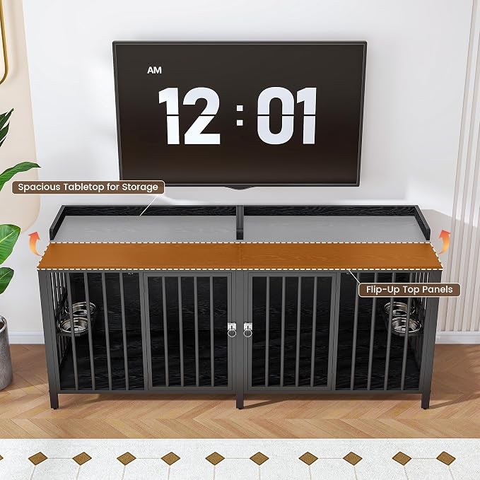 BOINN 78 Inch Dog Crate, Large Dog Crate for 2 Dogs, Dog Kennel Indoor for Large/Medium Dogs with Top Access Door, XL Wooden Dog Cage with 360 Degree Rotatable Stainless Bowls, Heavy Duty Steel Frame