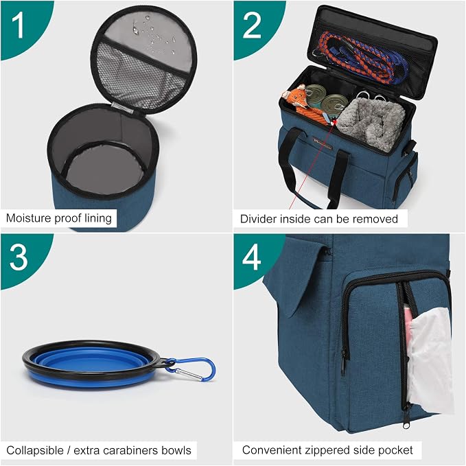 Modoker Weekend Dog Travel Bag Set with 2 Food Bags, 2 Bowls and Mat,Blue | Dog Travel Accessories Organizer for Camping and Road Trips with Roomy Storage, Multiple Pockets and Water-Resistant Oxford