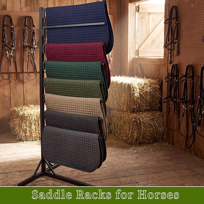 8-Tier Portable Saddle Pad Rack with Stand for Horse Tack Storage | Lightweight Black Stand with Long Rack Arms Stores Multiple Saddle Pads for Tack Rooms, Utility Rooms and Horse Trailers