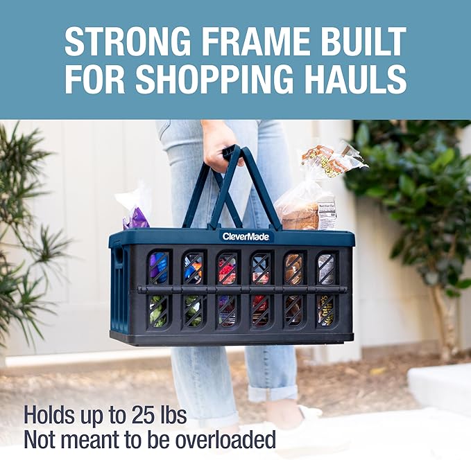 CleverMade Eco Collapsible Shopping Basket with Handles, 24L Ocean, 3 Pack | Keep Groceries Upright in the Car | Rigid Walls Carry 25 lb Each, Stack Securely, and Fold to 2.25 Inches for Storage