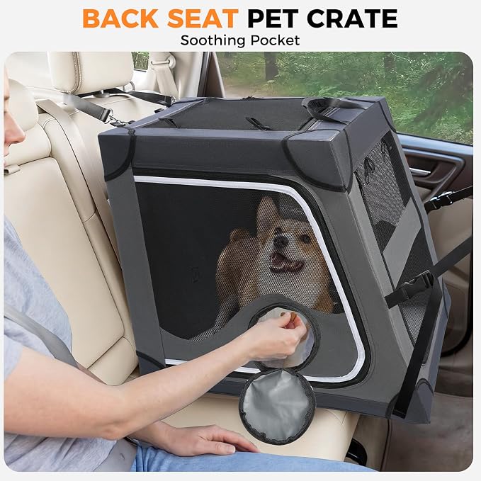 Snagle Paw Dog Car Crate for Back Seat, Portable, Medium, Gray | 3-point seat securement, breathable mesh, feeding windows, folds flat, for road trips, camping and vet visits