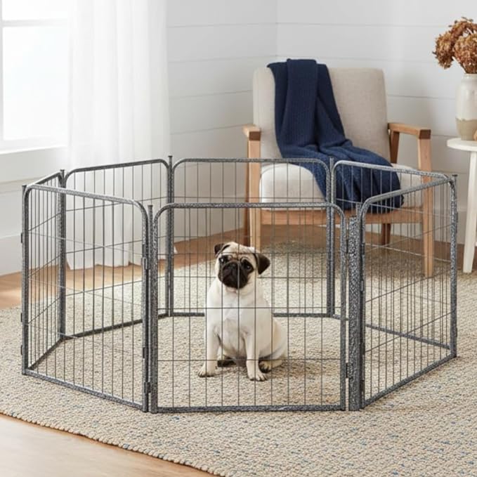 Dog Play Pen for Indoor Use - 24'', 8 Panels for Small and Puppy Size Dogs - Portable Grey PlayPen Kennel for House or Garage - Metal Heavy Duty Pet Fence with Anti-Slip Feet