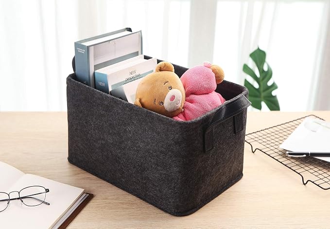 Collapsible Storage Basket with Carry Handles Felt Fabric Storage Bin Durable Organizer for Gift Toys Shoes Clothes Towels Nursery Home Laundry Office Decorative Organizing Box(Dark grey)