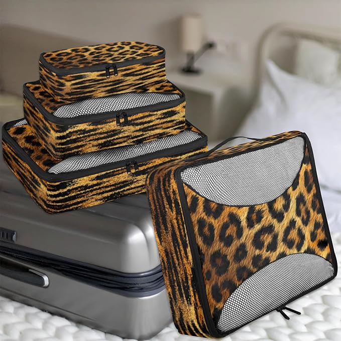 4 Set Packing Cubes for Travel, Animal Print Leopard Skin Packing Cubes for Women, Travel Luggage Packing Organizers, Packing Cube Set, Leopard Print