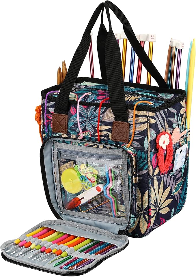 Yarn Knitting Storage Tote-Large Capacity Crochet Organizer Portable Travel Bag with Shoulder Strap Crochet Hooks Case for Unfinished Bulk Project