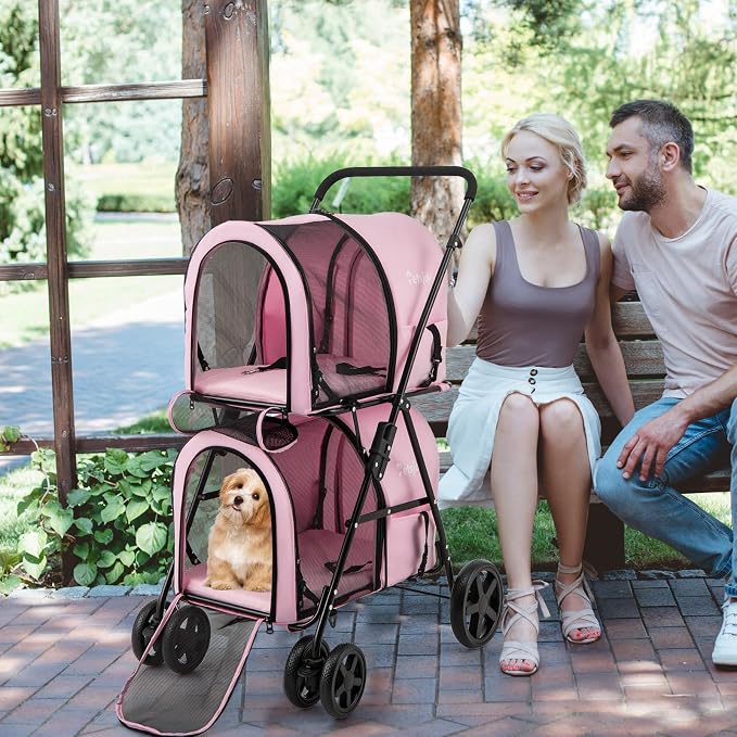 PETSITE Double Dog Stroller, Foldable Pet Stroller for 2 Dogs & Cats Small Medium Sized with Detachable Carrier on Wheels, Ideal for Car Seat Walking Camping Travel (Pink)