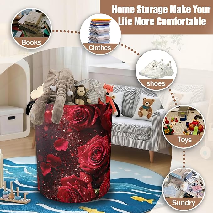 Red Rose Laundry Baskets,Laundry Hamper,Storage Basket with Handles for Bathroom Bedroom College Dormitory Living Room Nursery Organizer 16"x20.8"