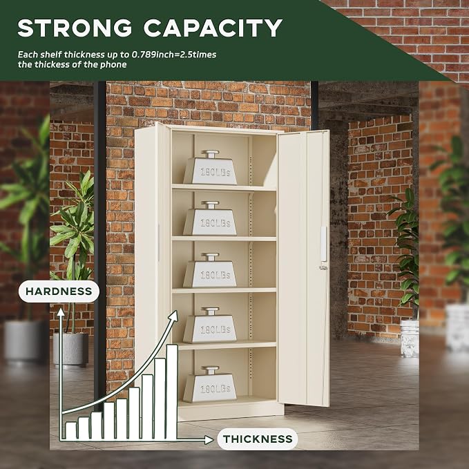 Greenvelly Metal Storage Cabinet, 72" Locking Metal Garage Storage Cabinet with Doors and 4 Adjustable Shelves, Lockable Steel Cabinet for Home Office, Garage, Shop, School (Grey 32" W x 16" D)
