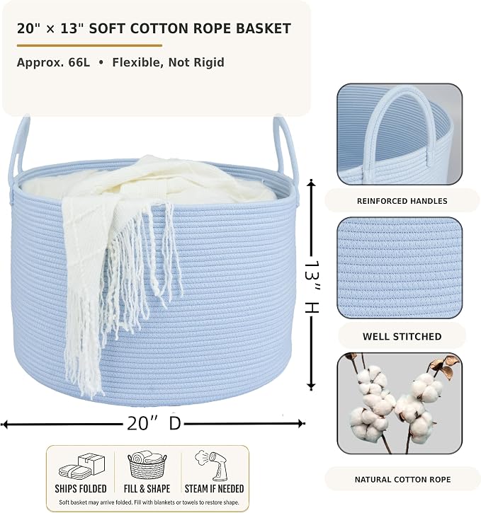 XUANGUO 66L Large Blanket Basket, Round Cotton Rope Basket, Blue | 20" x 13" Laundry Basket with Sturdy Handles for Blankets, Pillows and Toys; Storage for Living Room, Bedroom and Nursery