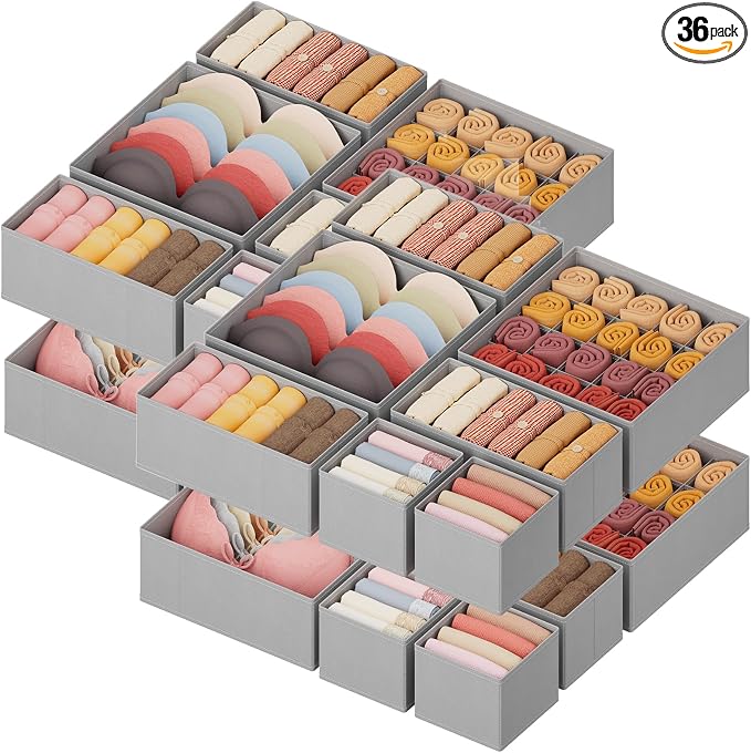 Lifewit Underwear Drawer Organizer for Closet 36 Pack | 3 Sizes Dresser Organizer Dividers, Deep Fabric Foldable Drawer Storage Bins for Clothes, Sock, Bra, Lingerie, Undies