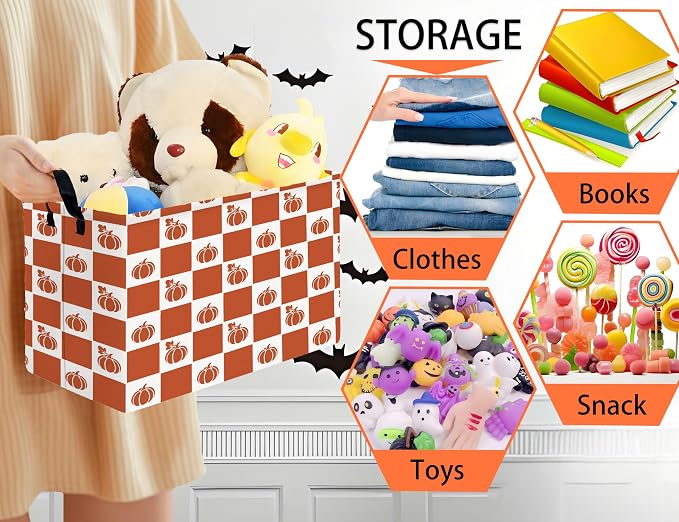 Large Halloween Themed Candy Gift Boo Basket for Kids Baby Personalized Adults Storage Bin Fall Decor(Grid Pumpkin)