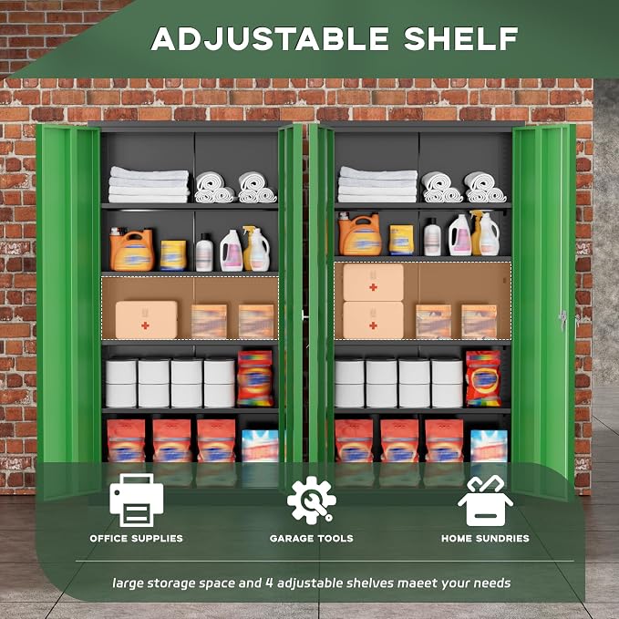 Greenvelly Metal Storage Cabinet, 72" Locking Metal Garage Storage Cabinet with Doors and 4 Adjustable Shelves, Lockable Steel Cabinet for Home Office, Garage, Shop, School (Green 36" W x 18" D)