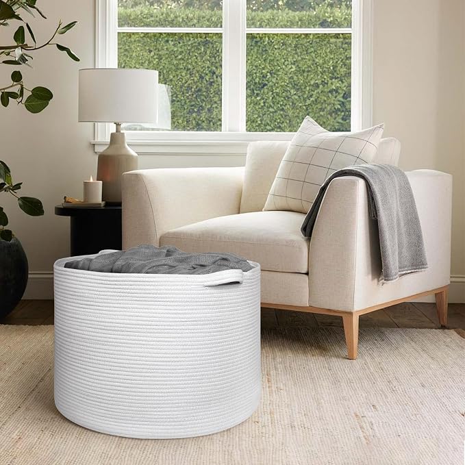 115L White Cotton Rope Storage Basket, 23.6"x15.7" Extra Large Blanket Storage Living Room, XXXL Soft Toy Bin for Organizing, Woven Baby Laundry Basket with Handle, Wicker Hamper Nursery