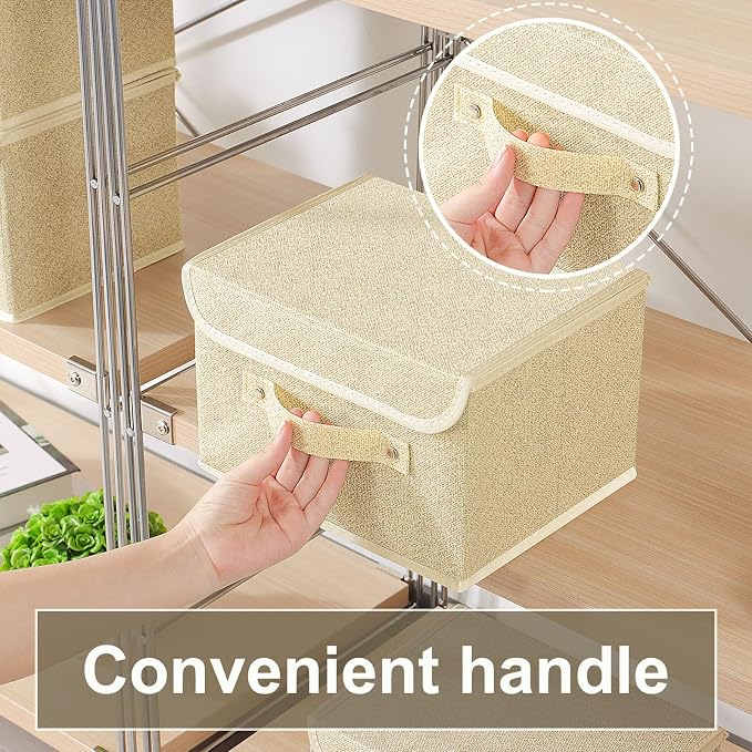 Storage Bins with Handles,Grey and Beige,10.2x7.9x6.7in,1 Pack | Storage Baskets with PP Board Support,Washable Wardrobe Organisers with Lids,Stackable Organization Bins for Socks,Ties,Scarf