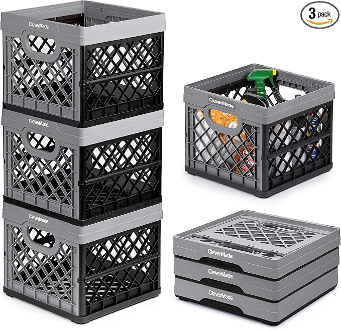 CleverMade Collapsible Milk Crate (EcoCrate) - 25L - Stone (3PK) | Organize Files, Groceries, and Gear in One Crate | Built-In Rails Hold Letter Folders, While the Frame Stacks Securely