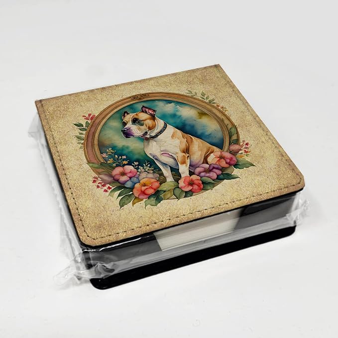 Caroline's Treasures American Staffordshire Terrier and Flowers PU Leather Note Paper Holder with Artist-Designed Cover, Desk Accessory, Office Gift