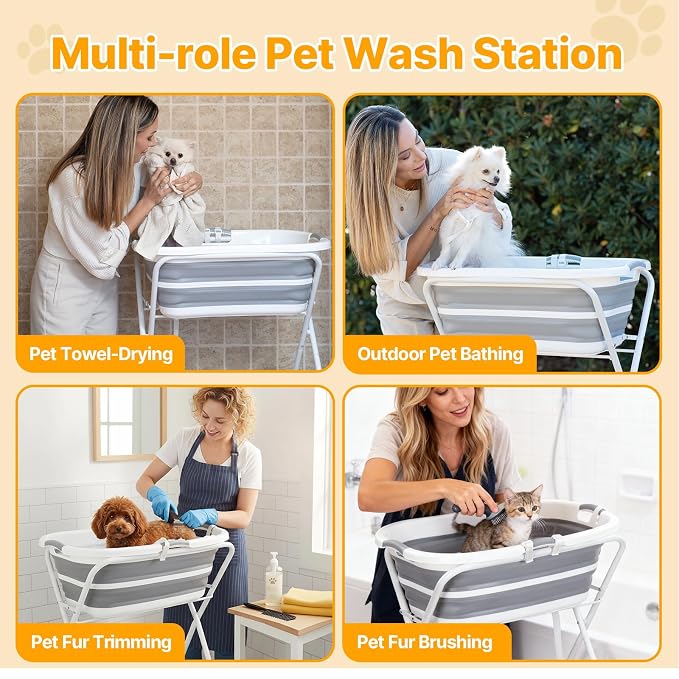 Beberoad 2 in 1 Dog Bath Tub Dog Washing Station for Bathing and Grooming, Elevated Collapsible Foldable Portable Shower Bathtub for Small Dogs Cats Pet, Indoor and Outdoor