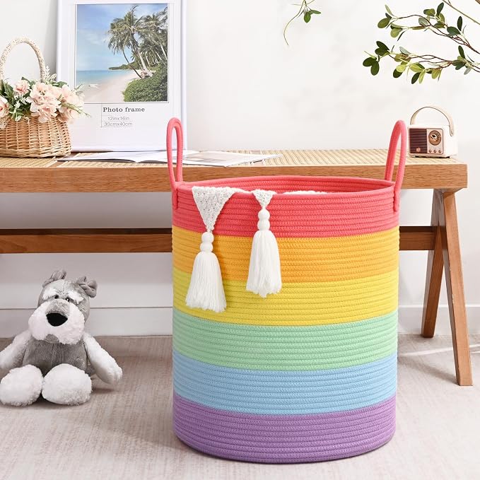 Laundry Hamper for Organizing, 52L Large Laundry Baskets, Cotton Rope Woven Blanket Basket, Collapsible Laundry Hamper for Living Room, Nursery, 15"×18", Rainbow