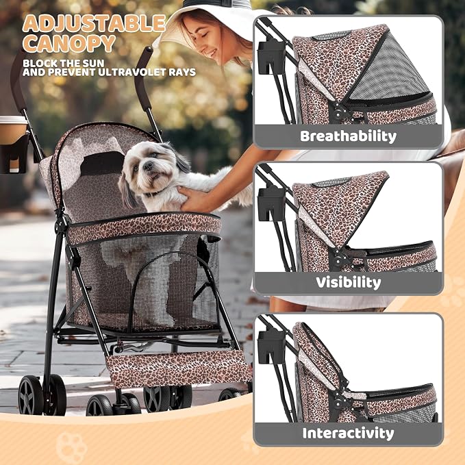 Magshion Compact Fold Pet Travel Stroller for Small Dogs Cats, Leopard | Up to 22lbs, 4-Wheel Lightweight Umbrella Shaped Design, Safety Tethers, Breathable Mesh, Cup Holder & Rear Storage