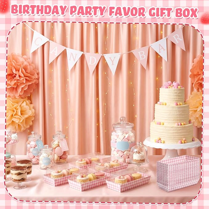Bokon 50 Pack Pink Gingham Treat Boxes with Clear Lids, Window Dessert Boxes for Cookies Cupcakes Macarons, Disposable Bakery to Go Containers for Wedding Favors, Bridal Shower, Sweet 16 Party