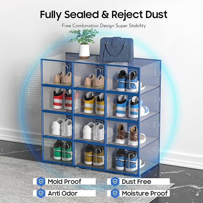 Large Shoe Organizer Storage Box with Magnetic Door,12 Pack Clear Plastic Stackable Sneaker Containers for Closet, Connect Left and Right Shoe Box for Entryway, Drop Front, Under Bed (Blue)