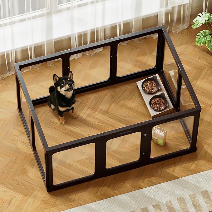 Jalove 24“ H Acrylic Dog Playpen Indoor, Relieves Pet Anxiety | Ideal for Small Dogs,Plastic Pet Playpen with Door, Clear Pet Play Pen for Puppy Rabbit, Easy Assemble Dog Pen, Black 10 PCS