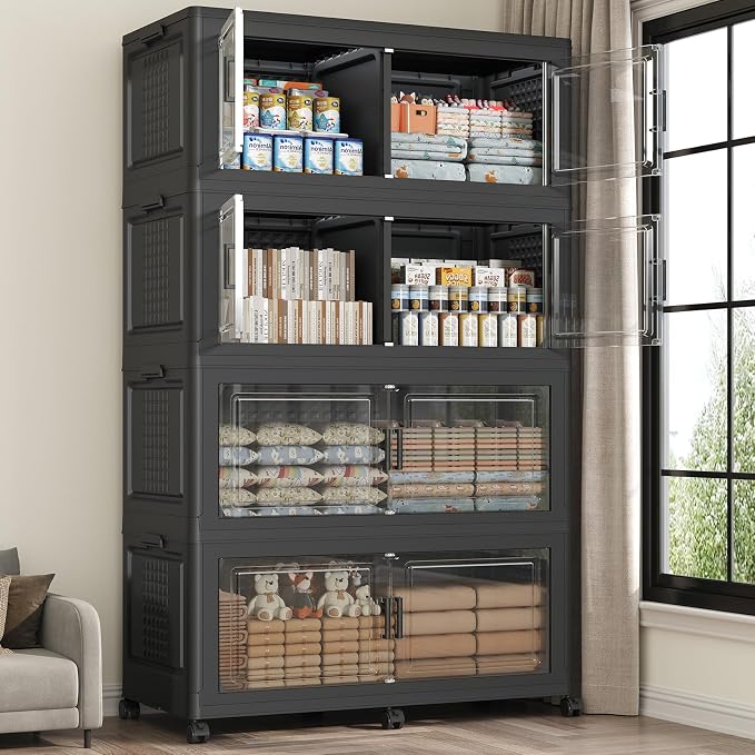 200Gal Stackable Storage Bins with Lid 4-Tier Collapsible Cabinet Closet Organizer Box with Wheels, 800QT Large Plastic Drawer Container with Doors for Clothes Kitchen Organizing, Black