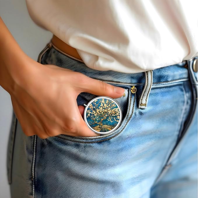 Pill Box-3 Compartment Small Pill Case for Purse & Pocket Mini Metal Pill Holder Travel Pill Container to Hold Supplements Vitamins BPA-Free (Almond Blossom-Van Gogh)