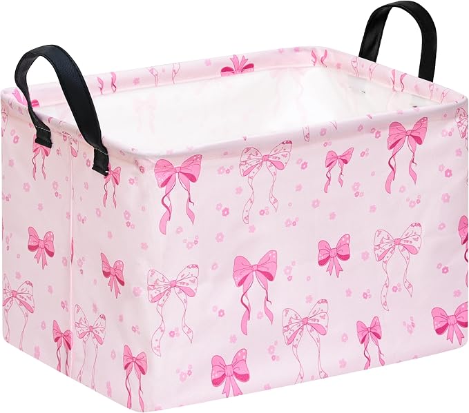Gift Toy Storage Basket for Girls, Storage Organizer for Nursery Hamper Home Bedroom Laundry Hamper Shelf Baskets Pink Bowknot Pattern