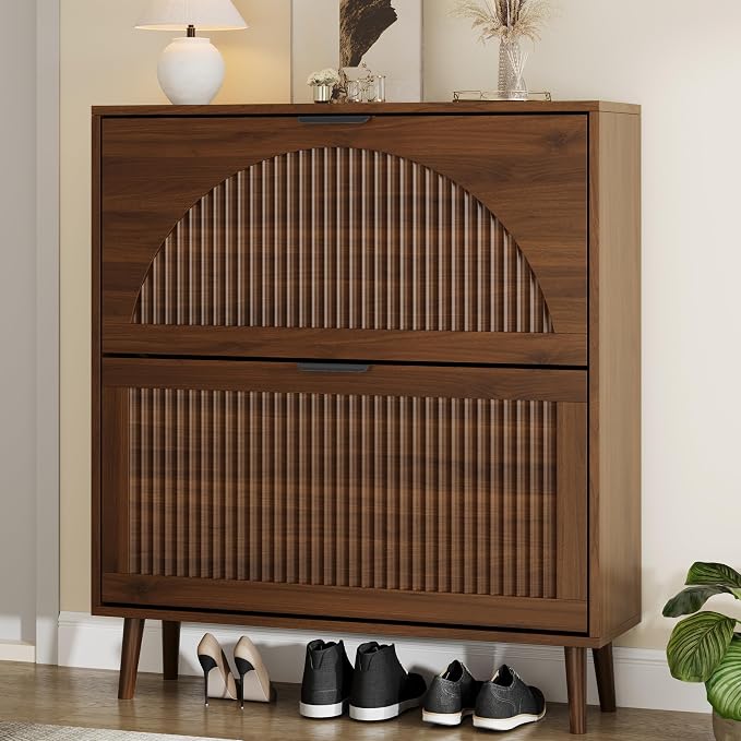 Shoe Storage Cabinet with 2 Flip Drawers, Narrow Wood Shoe Organizer Cabinet with Fluted Panel, Slim Shoe Rack for Entryway, Freestanding Shoe Cabinet for Living Room, Hallway, Walnut