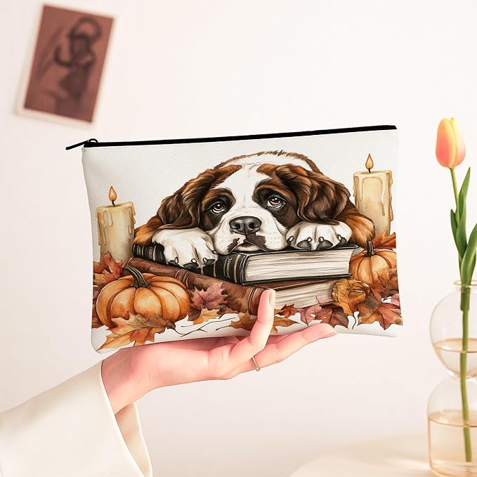 Fall St. Bernard Dog Makeup Bag, Autumn Candle Book Pumpkin Printed Cosmetic Travel Pouch for Women Girls, Pet Portable Small Canvas Zipper Organizer 7x9 Inch