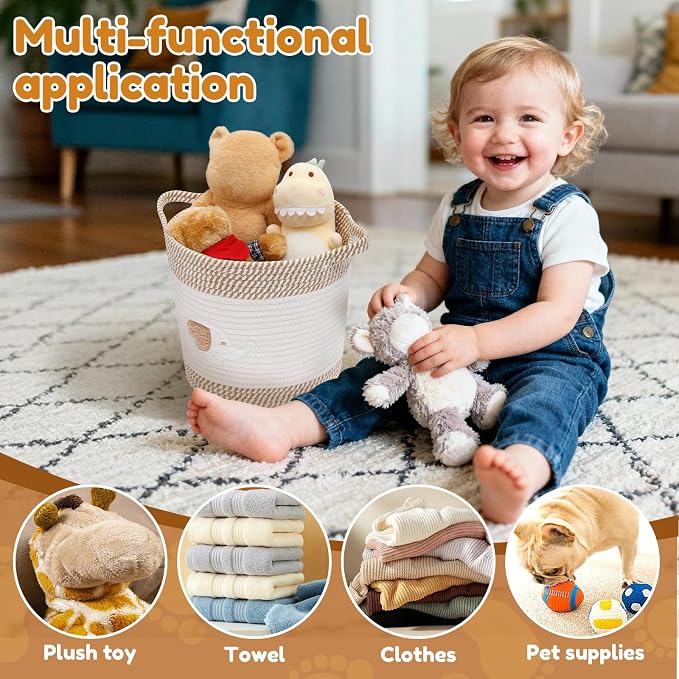 Storage Baskets for Organizing, 11” Woven Cotton Rope Storage Bin for Kids Dog Toy Organizer Clothes Hamper for Nursery Laundry, Blanket Basket for Living Room Decor Toy Basket(Style 2)