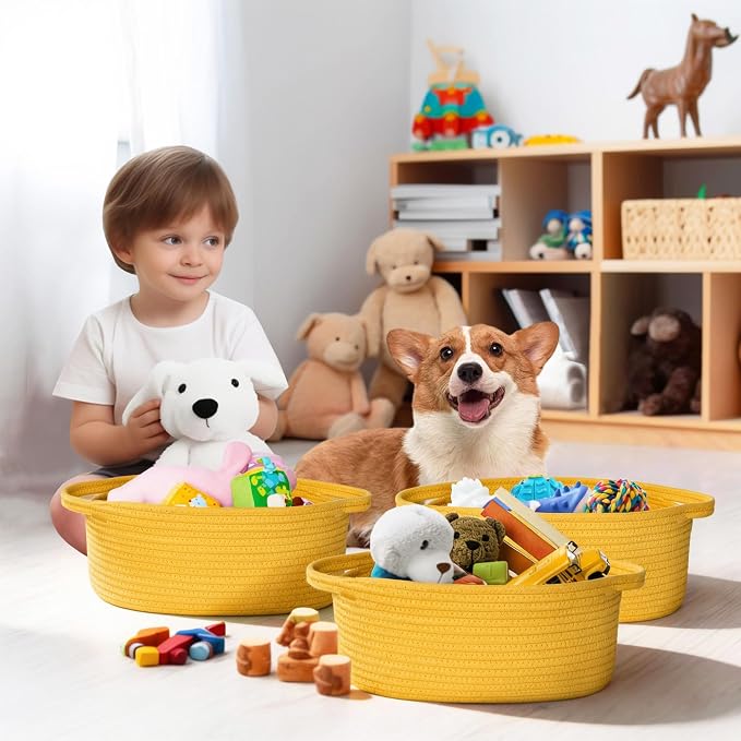 Small Yellow Woven Basket, 13"x 9"x 5" Gift Basket Empty, Cotton Rope Kids Dog Cat Toy Bin Box, Cute Baby Nursery Easter Organizer, Decorative Storage with Handle, Yellow Room Decor
