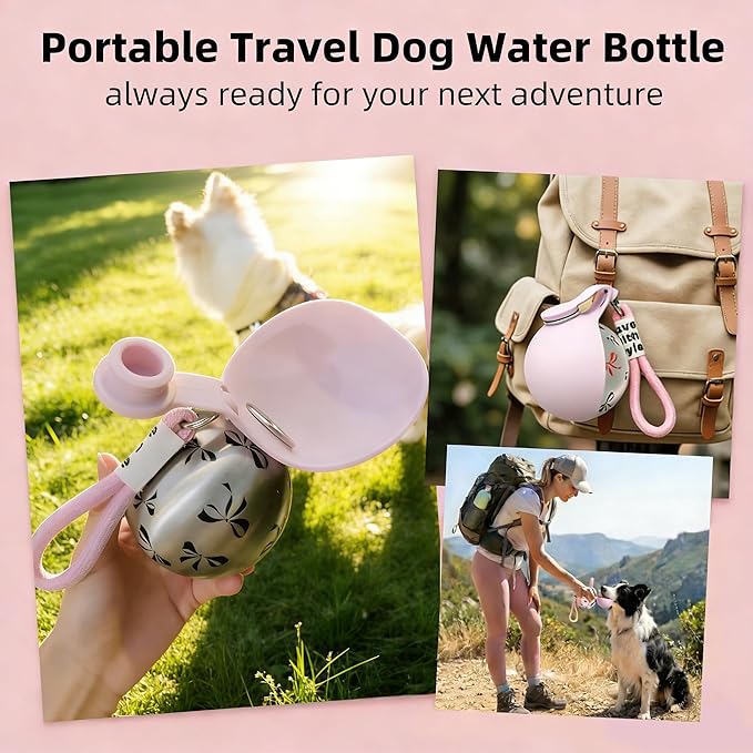 2 In 1 Portable Dog Water Bottle with Foldable Silicone Bowl, 10 Oz Travel Water Bottle for Dogs Drinking, Leakproof Stainless Steel Pet Water Bowl for Outdoor Walking Hiking Camping (Pink with Print)