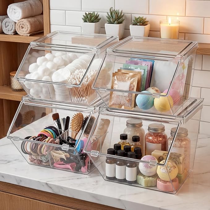 Yerliker 4 Pcs Clear Plastic Storage Bins with Lids Stackable Pantry Storage Organizer Kitchen Cabinet Organizers Ideal Containers for Coffee Pod Tea Sugar Bag Cabinet Home (Large)