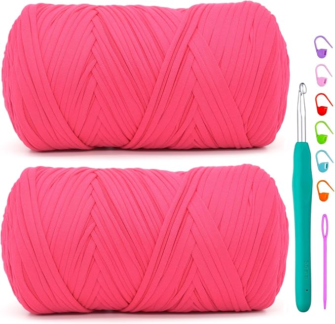 2 Pack Tshirt Yarn for Crochet,Hot Pink T Shirt Soft Elastic Fabric Chunky Thick T-Shirt Crochet Yarn for Crocheting Knitting Beginner Hand Knitting Bag/DIY Craft/Home Decor 2 * 400G-Hot Pink