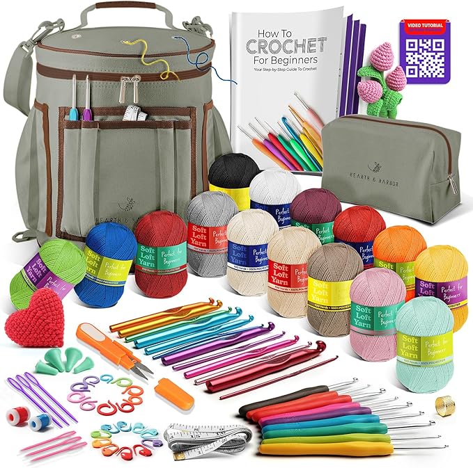 Crochet Kit for Beginners Adults and Kids - Beginner Crochet Kit for Adults with Step-by-Step Video Tutorials, Amigurumi and Crocheting Kit, Crochet Starter Kit with Soft Crochet Yarn and Crochet Bag
