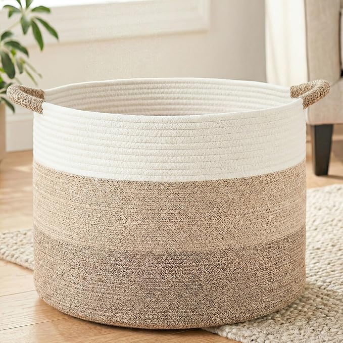 Artfeel 100L Large Cotton Rope Basket, Decorative Woven Blanket Storage for Living Room, Boho Toy Storage & Toy Box for Kids, Versatile Laundry Basket & Nursery Hamper for Blankets(BrownYellow)