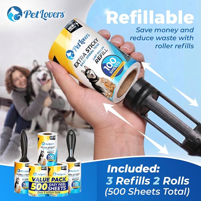 PetLovers Extra Sticky Lint Roller Mega Value Set 500 Sheets for Pet Hair Removal and Clothes, Dog and Cat Lint Remover 5 Pack