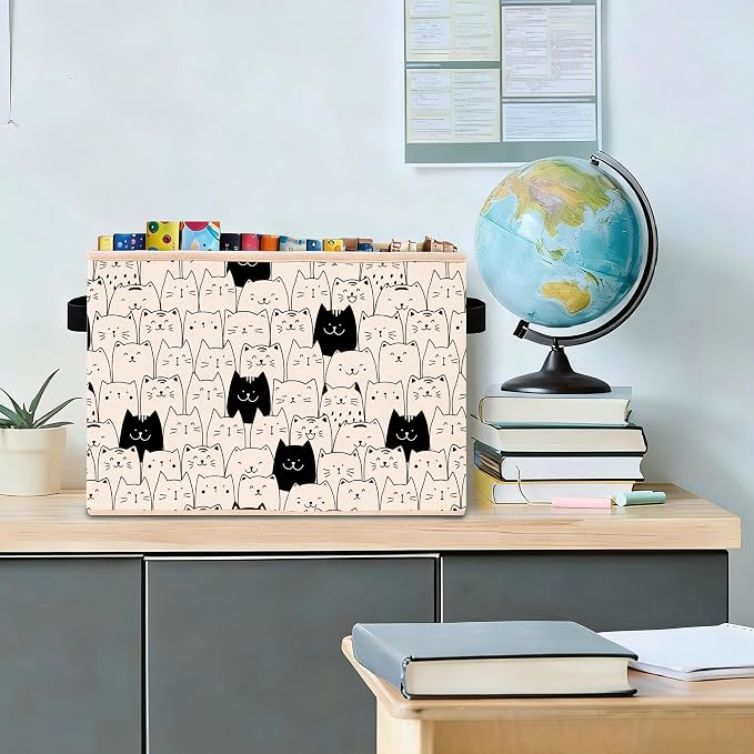 Doodle Cats Storage Bin, Foldable Fabric Organizer | Black and white doodle cat storage bin for toys, books, clothes, pet supplies, bedrooms, playrooms, shelves, and closets.