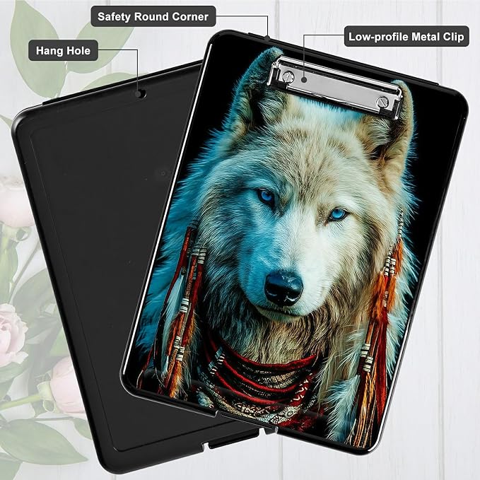 Heavy Duty Storage Clipboard, Slim Nursing Clipboard with Internal Pen Case, Portable File Organizer Case for A4 Letter Size Paper Office Medical Professionals, White Wolf Feathers