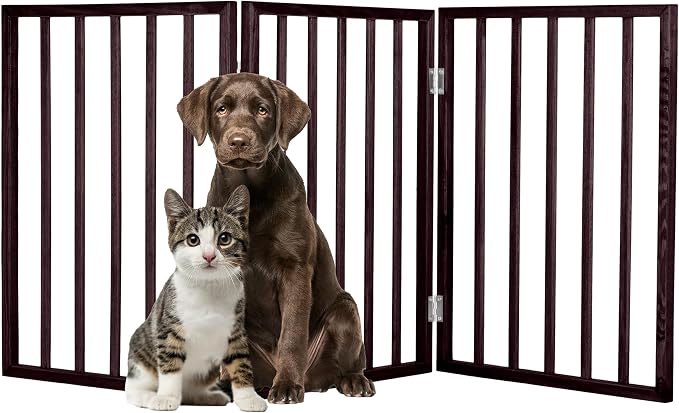 3-Panel Indoor Foldable Dog Fence for Stairs, Hallways, or Doorways - 54x24-Inch Wood Freestanding Dog Gates by PETMAKER (Brown) | Foldable Dog Fence with Accordion Design, Wooden Safety Pet Fence for Stairs, Hallways, Doorways, and Porch