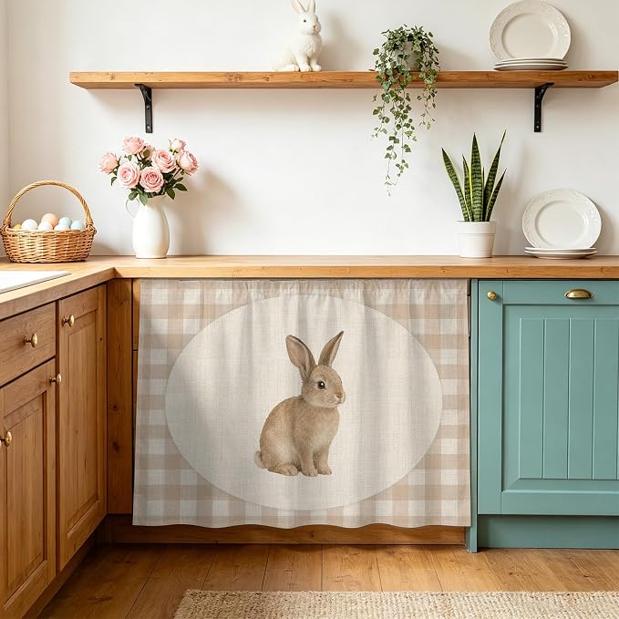 Rabbit Plaid Oven Skirt Curtain for Kitchen Decor 28"x35", Rustic Farmhouse Checkered Retro Animal Self Adhesive Stove Curtains Skirt Cabinet Curtains for Bathroom Laundry Room