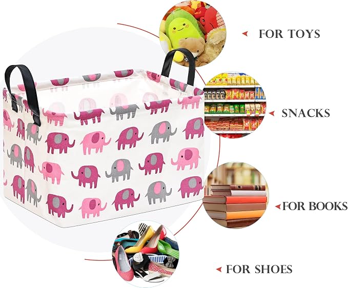 Baby Storage Basket Nursery Box Laundry Hamper Organization Bins for Toys and Clothes with Handles (Pink Elephant)