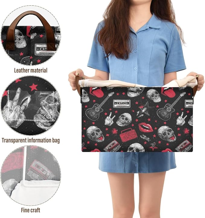 Music Rock and Roll Skulls Storage Basket Foldable Cube Storage Bins with Handles&Label Waterproof Collapsible Organizer Box Bin Large Rectangle Decorative Baskets for Shelves Home Room Laundry-2 PC