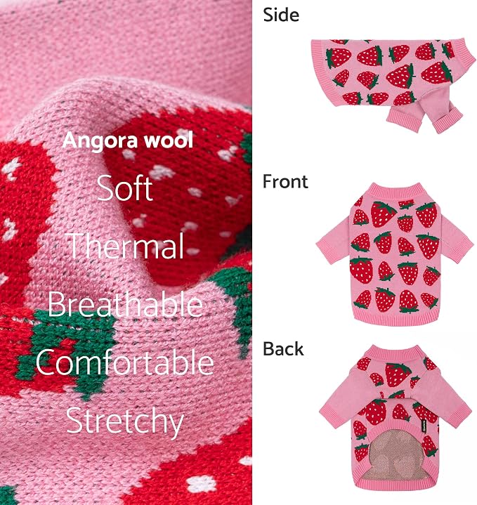 Fitwarm Adorable Strawberry Dog Sweater, Thermal Dog Winter Clothes for Small Dogs Girl, Pet Outfit, Pink, Red, White, Green, Large