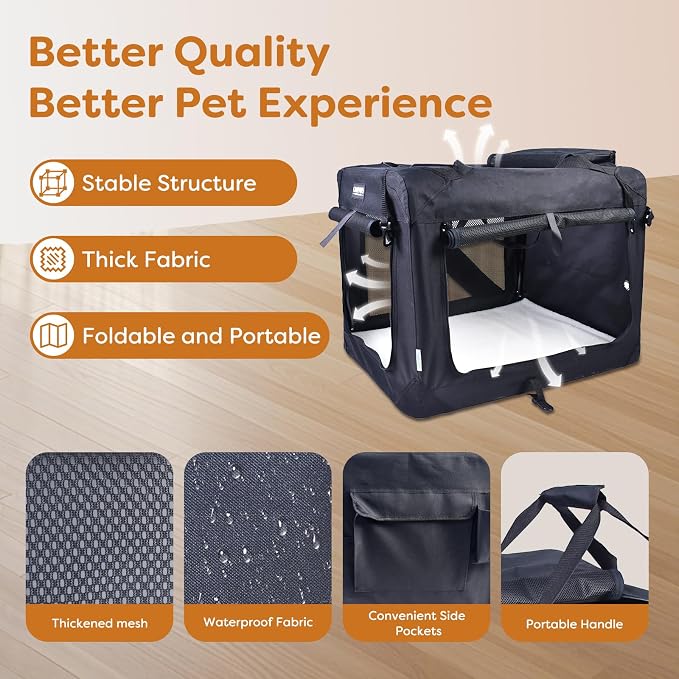 Jespet 3 Door Soft Dog Crates Kennel for Pets, Folding Travel Pet Carrier | 3 Mesh Doors 30'' Dog House, Large Pocket, Easy to Install, Steel Frame, Removable Crate Pad, For Indoor & Outdoor