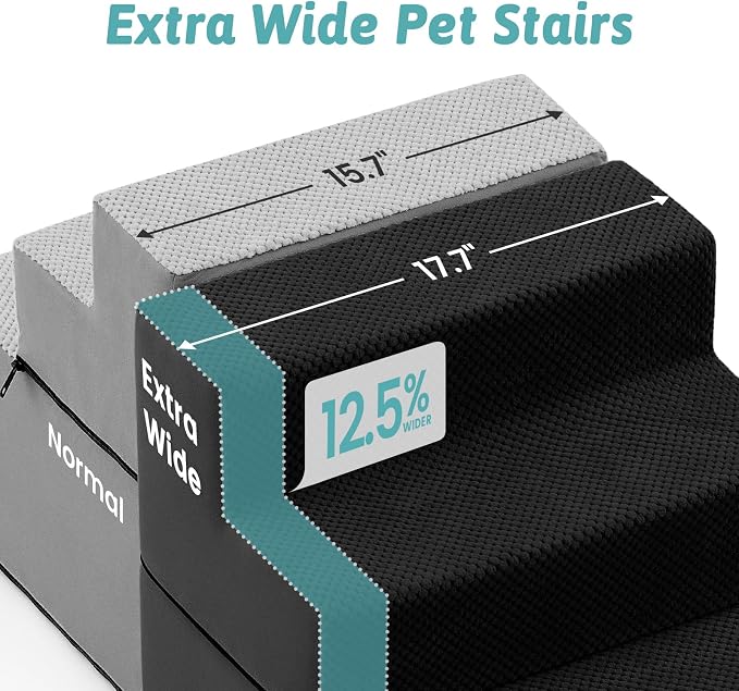 COZY KISS Dog Stairs for Small Dogs, 4 Step Pet Stairs for Beds & Couches | 17.7" H Extra Wider Non-Slip Dog Steps with Removable Tiers & Support Board for Puppies, Older Cats & Dogs, Black