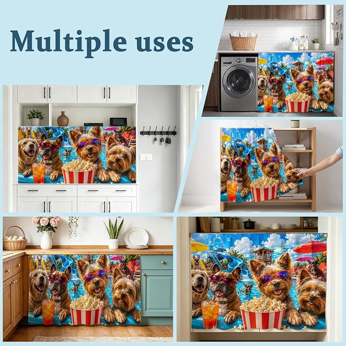 Summer Dog Cabinet Curtains 28"x51" Sink Skirt for Bathroom Kitchen, Summer Fantasy Pets Juice Popcorn Pool Country Self Stick Adhesive Under Desk Covers Tall Laundry Cabinet Storage Organizer